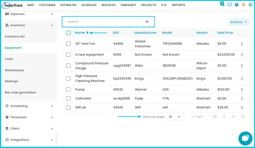 Searching the Equipment list and choosing how many items show per page