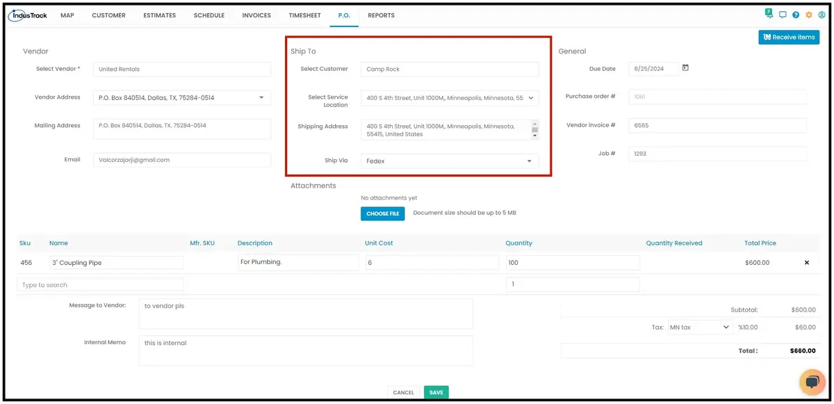 Selecting a customer for a purchase order's Ship To address