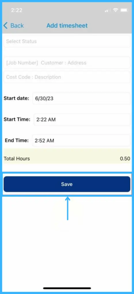 A new time entry for a crew member with Save