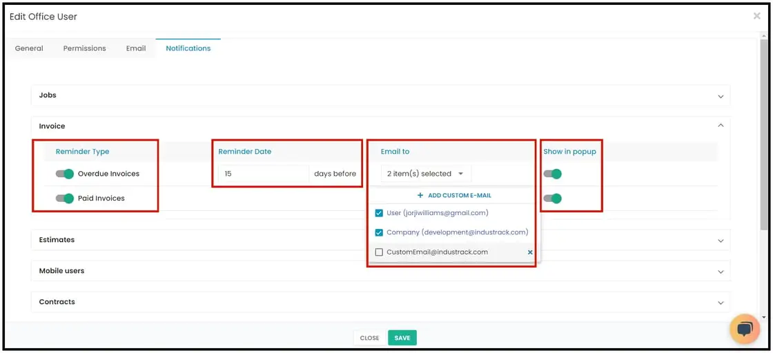 Notification settings with on/off switches, reminder days, email and pop-up options