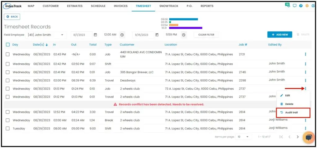 The Audit Trail option in a timesheet's three-dot menu