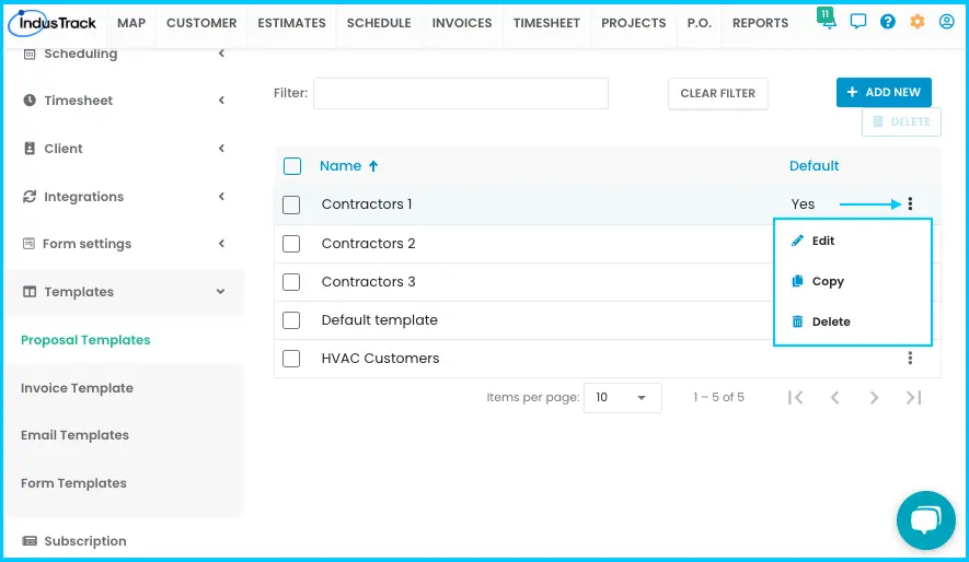 The 3-dot menu for a proposal template: Edit, Copy, Delete and Set as Default