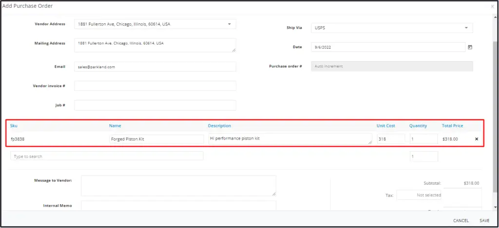 An item line with the SKU, name, description and unit cost filled in