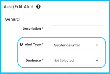 Geofence Enter alert settings with the Geofence field