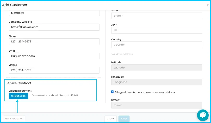 The Service Contract field with the Choose File button