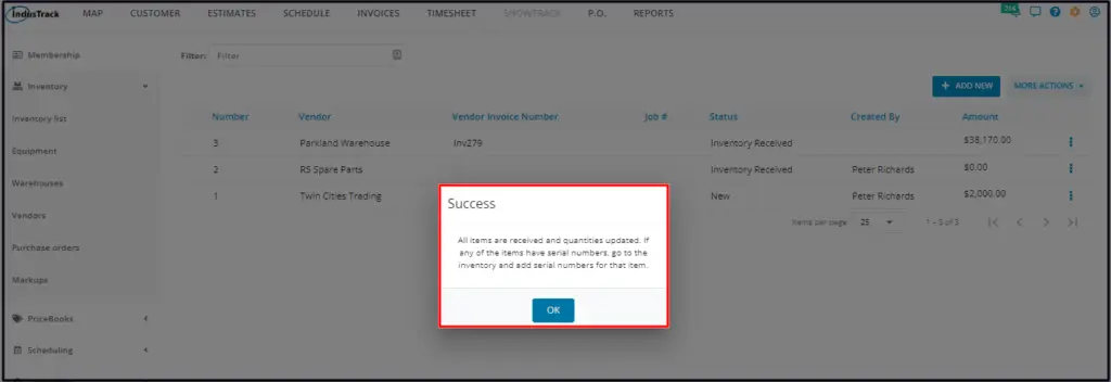 The Success message after receiving inventory