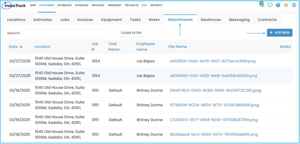 The Attachments tab with the customer's files