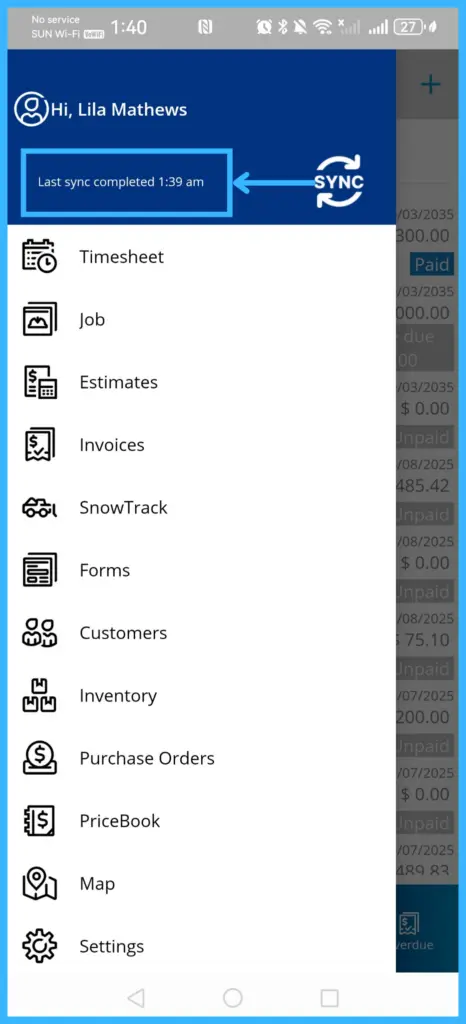 The last sync time shown below the tech's name on the dashboard