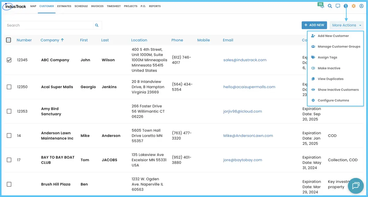 The More Actions menu in the Customer module
