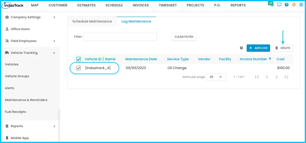 A maintenance log selected with the Delete button turned on