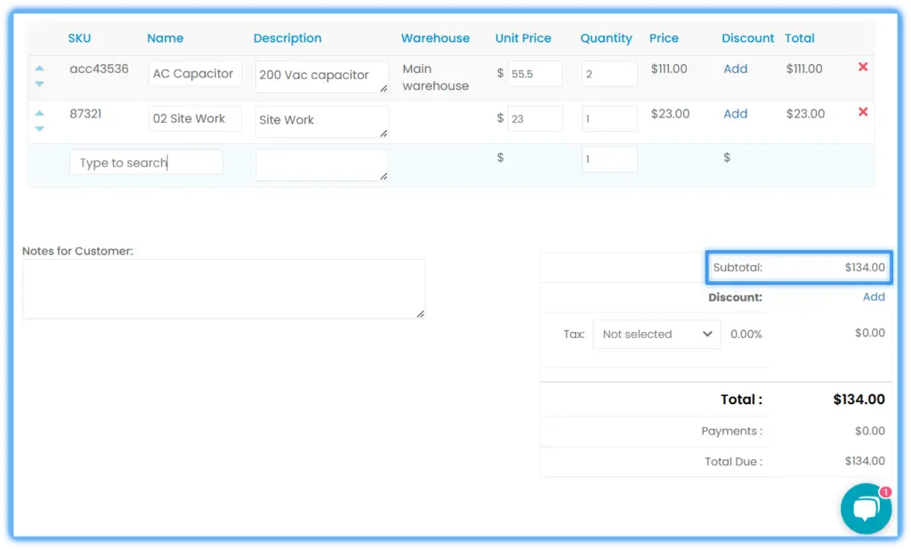 The invoice subtotal
