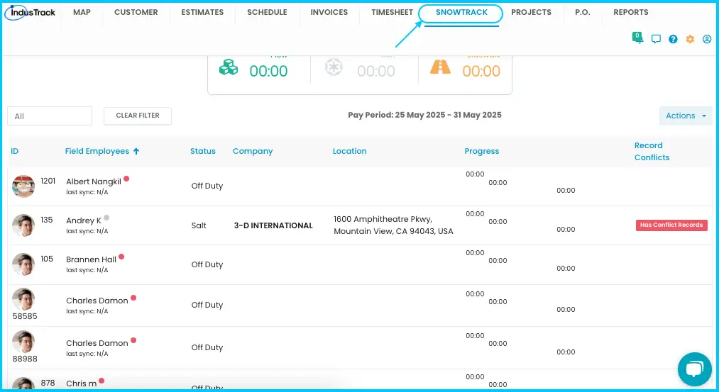 The SnowTrack tab on the IndusTrack home page