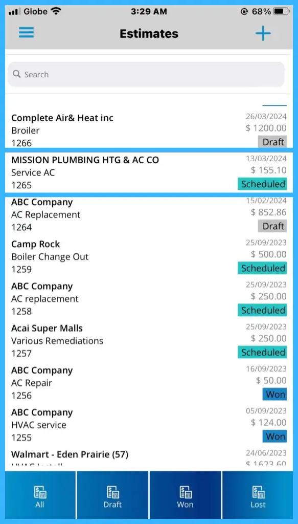 An estimate with the status Scheduled after Convert to Job