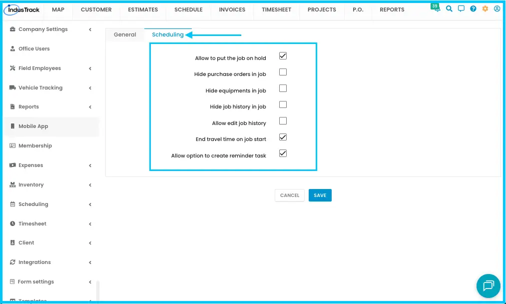 The Scheduling section of the mobile app settings