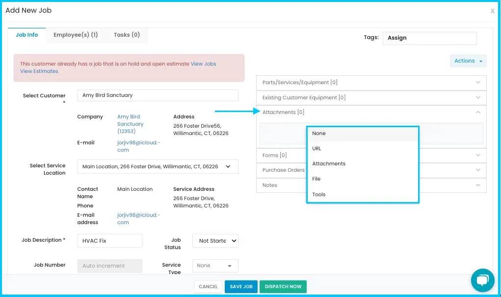 The Job Info tab with the parts, attachments, forms, purchase orders and notes sections