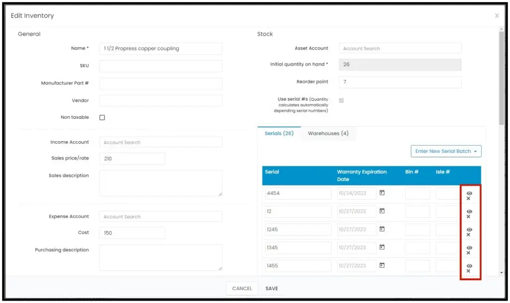 Previewing the code for one serial number of an item with multiple serial numbers