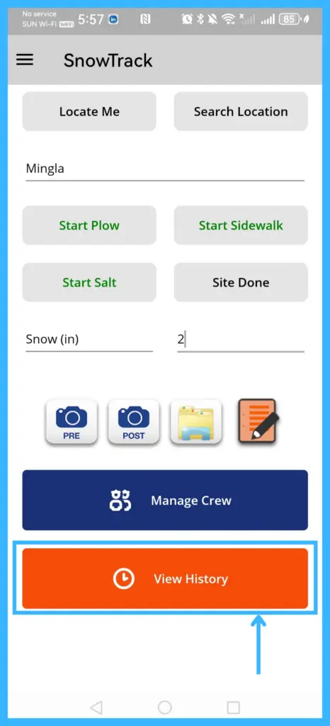 View History with snow services from the last 24 hours