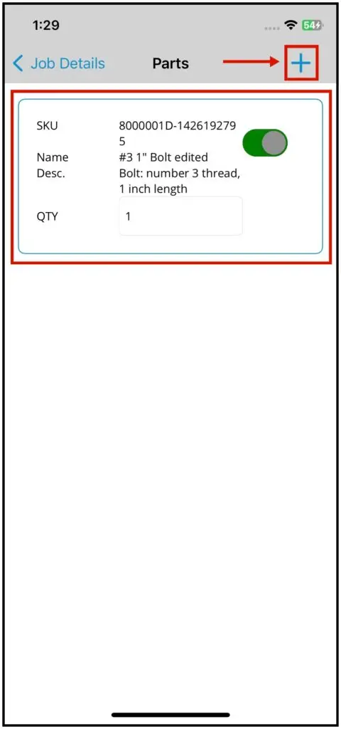 The job's item list with quantity, toggles and the plus icon