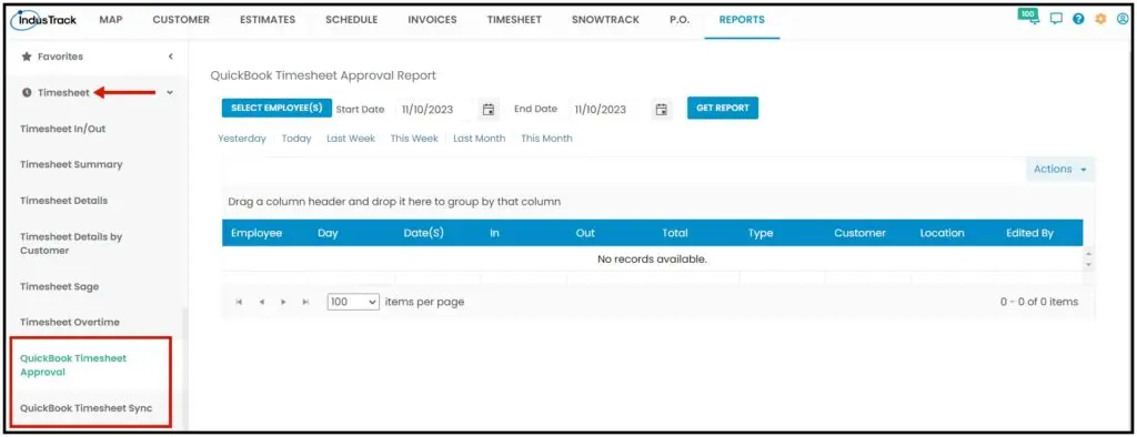 The QuickBooks Timesheet Approval and Sync Report in the reports list
