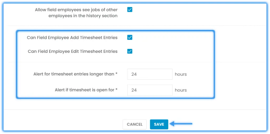 Timesheet settings on the General tab and the SAVE button